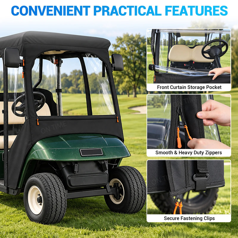 Housse de voiturette de golf – poche du rideau avant, fermetures éclair et clips de fixation