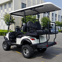 Voiturette de golf électrique lithium blanche – vue de trois quarts arrière avec toit blanc