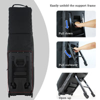 Housse de voyage golf pliable à 4 roues – vue arrière et étapes de dépliage du cadre de support
