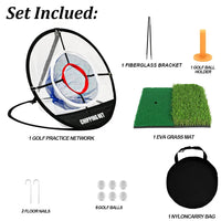 Filet de chipping golf rond – contenu de l'ensemble : filet, support, tee, tapis, piquets, 6 balles et sac