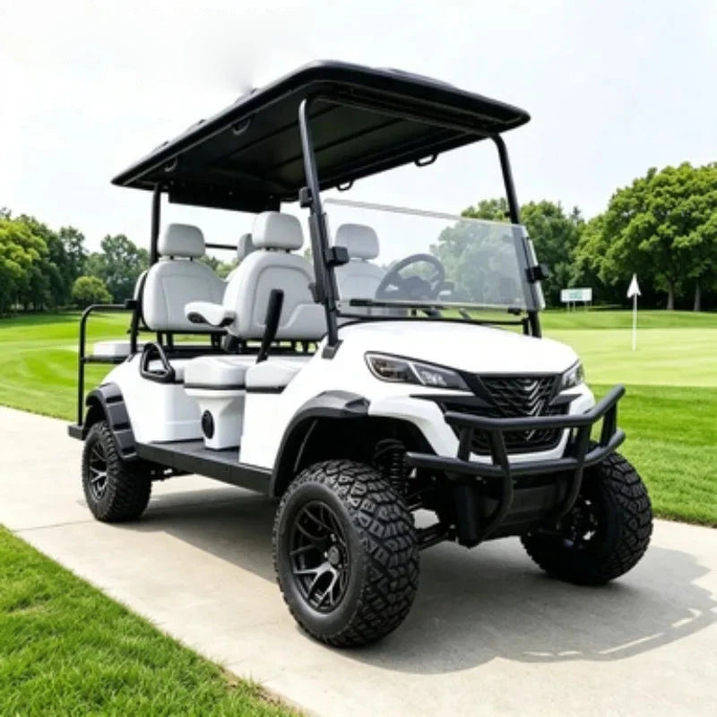 Voiturette de golf électrique surélevée 4 places – carrosserie blanche vue de trois quarts avant