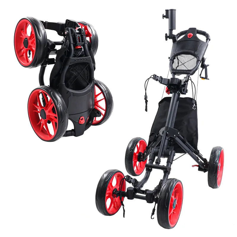 Chariot de golf manuel 4 roues – modèle noir à roues rouges, déployé et replié