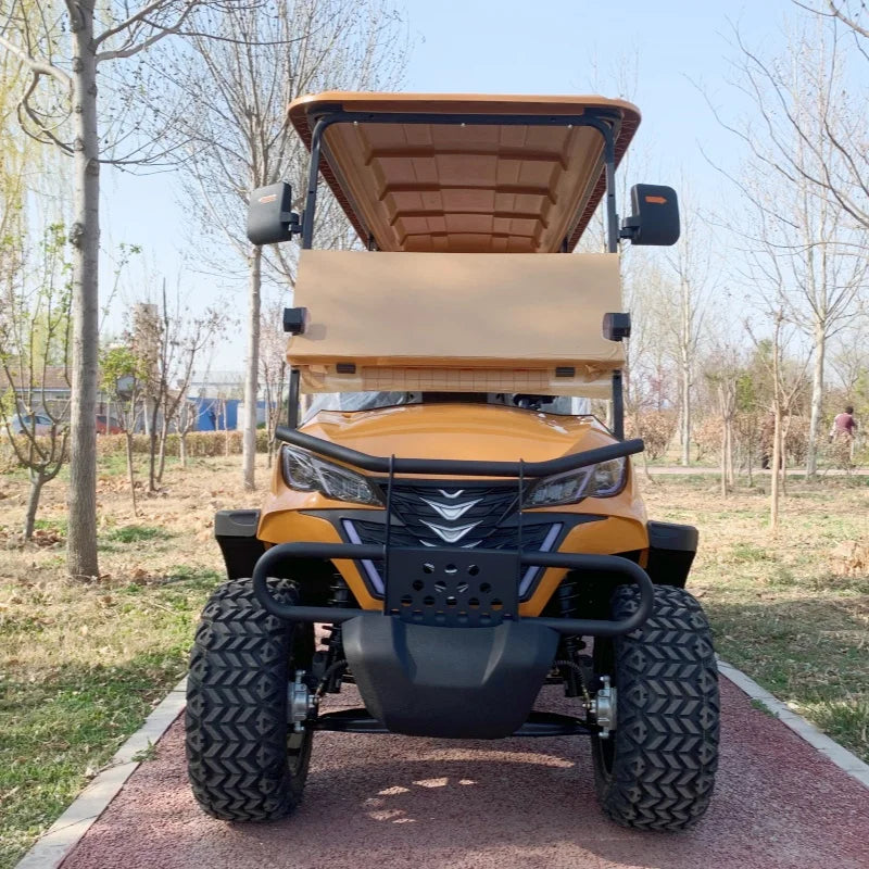 Voiturette de golf électrique multifonction jaune – vue de face avec pare-chocs tubulaire