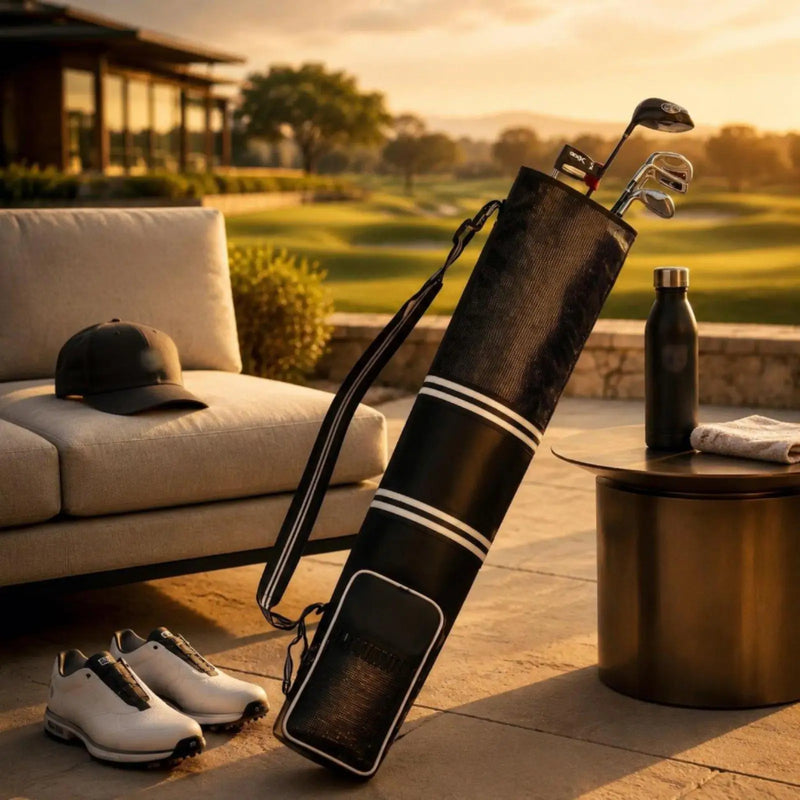 Petit sac de golf léger Oxford – avec des clubs, près d'une terrasse de club-house