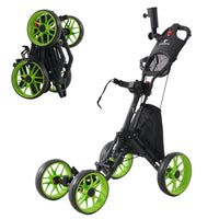 Chariot de golf pliable 4 roues – version noire avec roues vertes, déployée et repliée