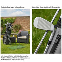 Kit de golf complet gaucher – sac dans une cour avec tapis de putting et détail d'un fer