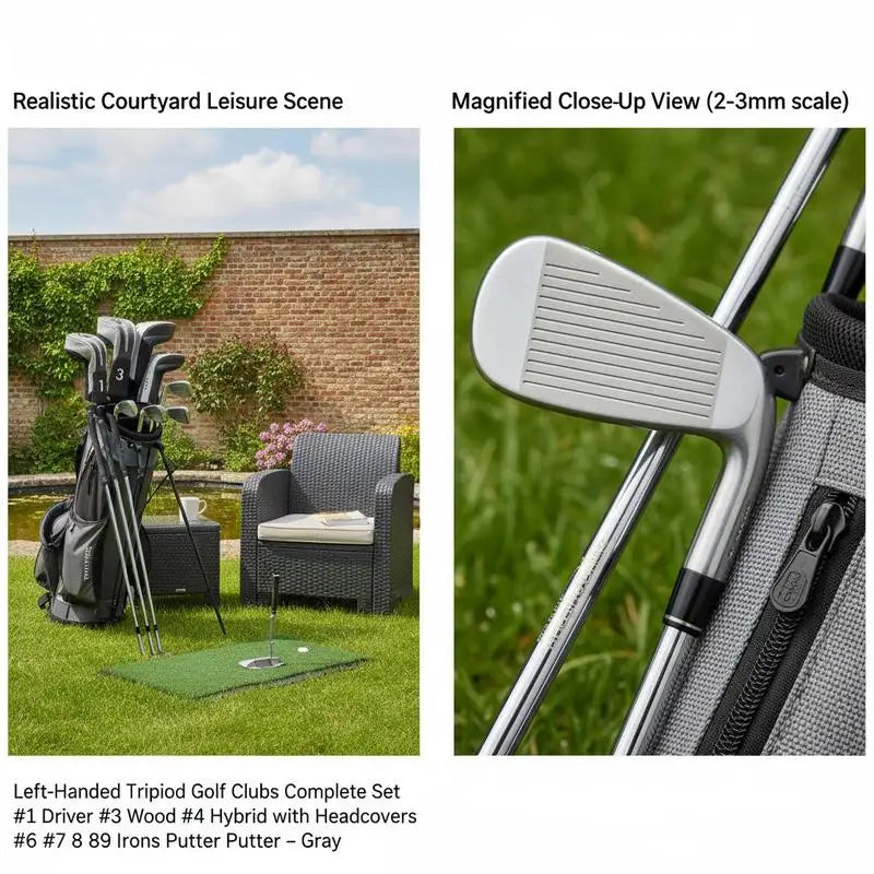 Kit de golf complet gaucher – sac dans une cour avec tapis de putting et détail d'un fer