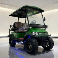 Voiturette de golf électrique pour hôtel et parc – vue de trois quarts avant avec toit vert et pare-brise