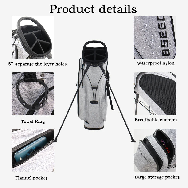 Sac de golf trépied ultraléger – détails : haut à compartiments, nylon imperméable, anneau à serviette, coussin respirant, poche en flanelle, grande poche