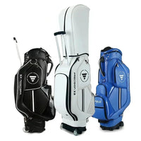 Sac de golf tour en cuir PU à roulettes – sacs à roulettes blanc, noir et bleu avec poignée télescopique, vue de face