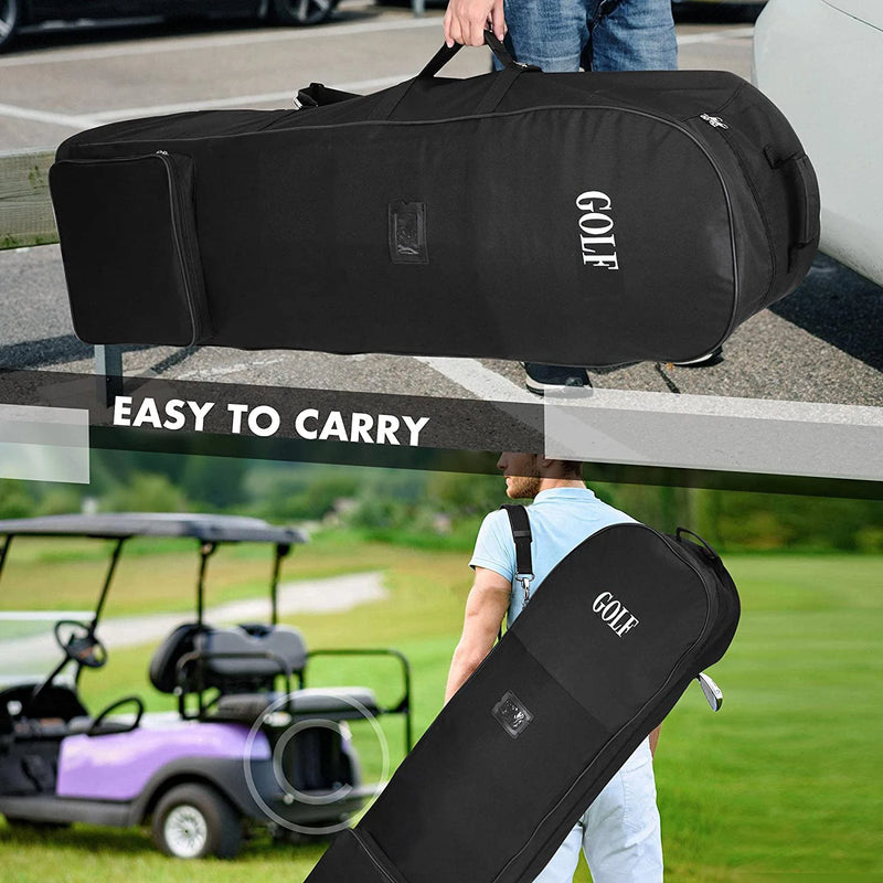Housse de voyage golf pliable – portée à la main et à l'épaule avec une voiturette en arrière-plan