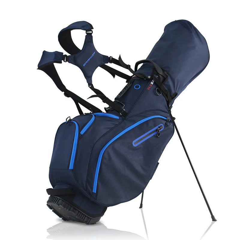 Sac de golf trépied léger 14 compartiments – sac bleu marine debout sur son trépied, vue de trois quarts