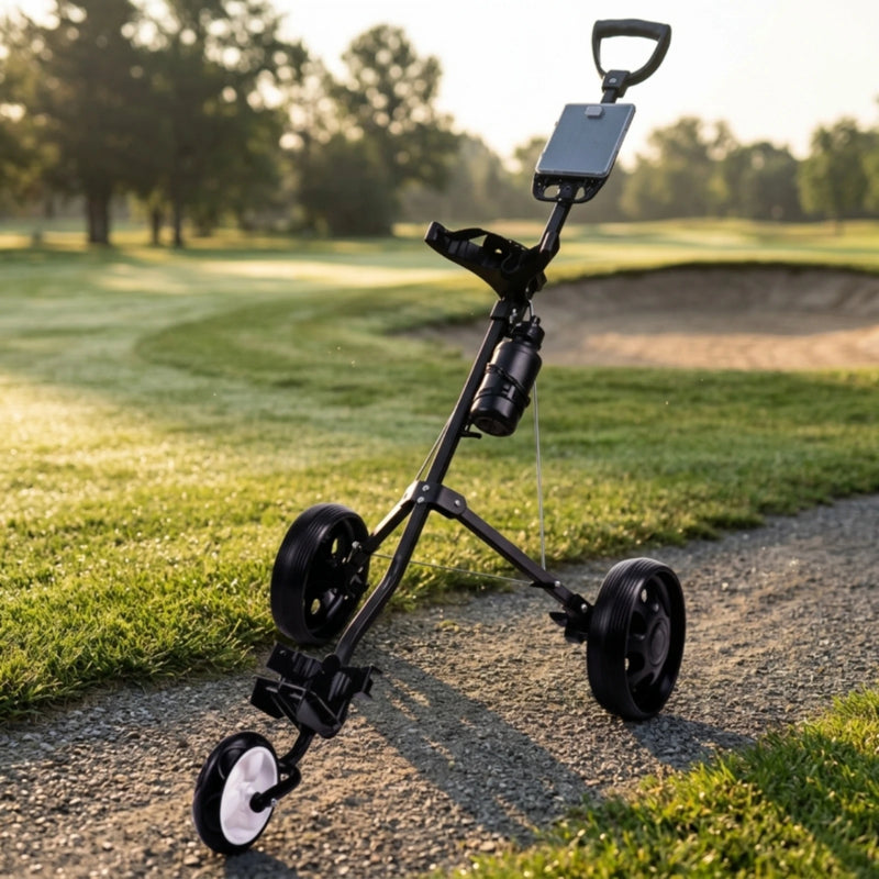 Chariot de golf manuel pliable à 3 roues – chariot déplié sur le parcours avec porte-bouteille