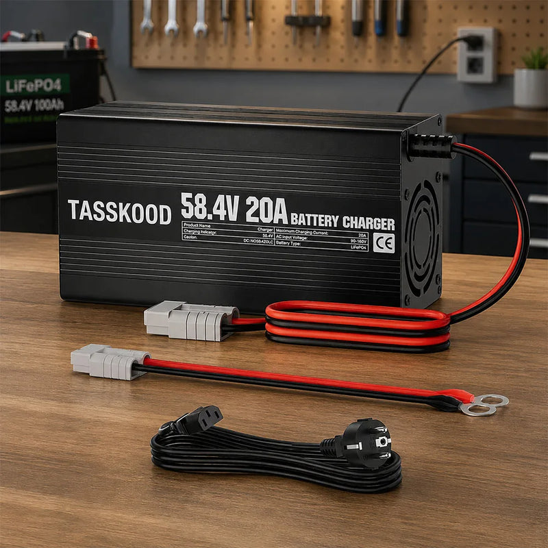 Chargeur intelligent LiFePO4 58,4 V 20 A avec câble à bornes M8