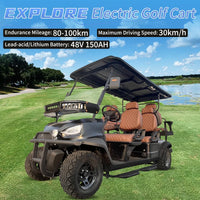 Voiturette de golf électrique tout-terrain – visuel de présentation sur un parcours de golf, autonomie et vitesse annoncées