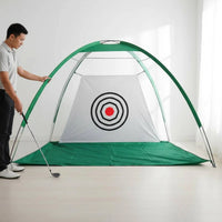 Filet de golf portable avec cible – golfeur installant l'enclos vert