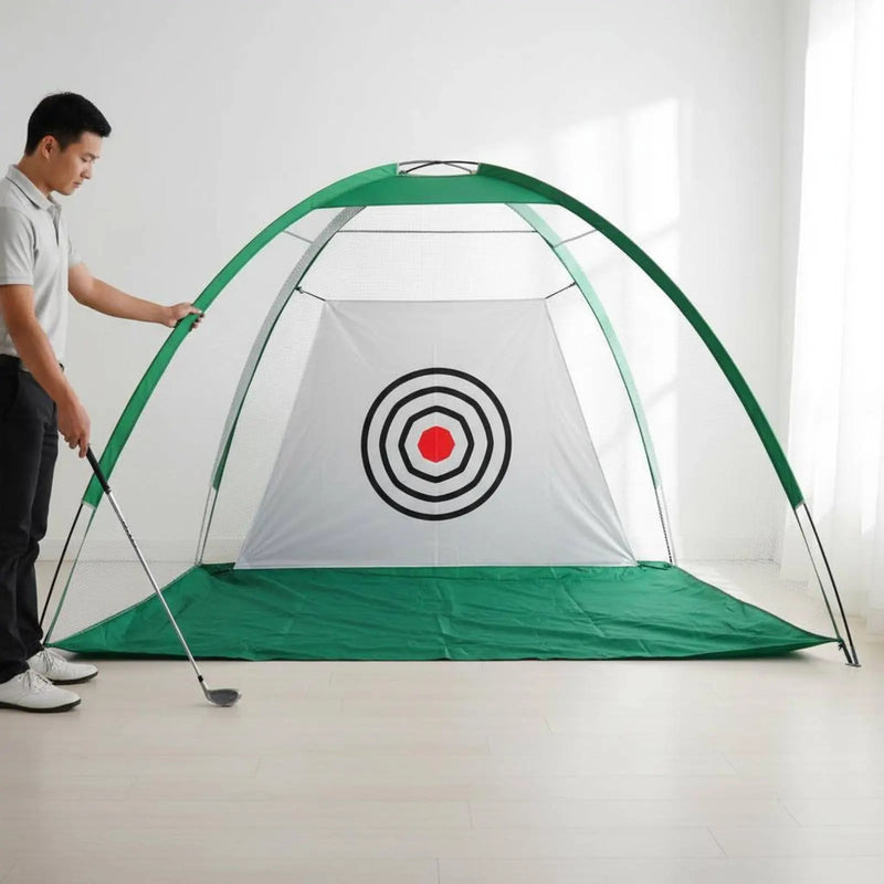 Filet de golf portable avec cible – golfeur installant l'enclos vert