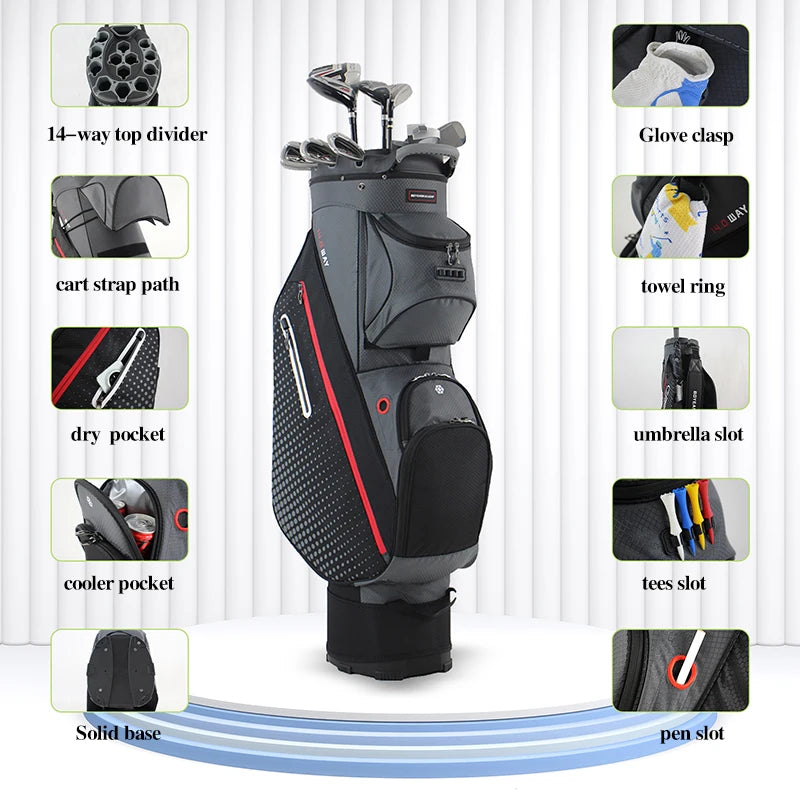 Sac de golf chariot avec ses poches : isotherme, parapluie, tees, gant et crayon
