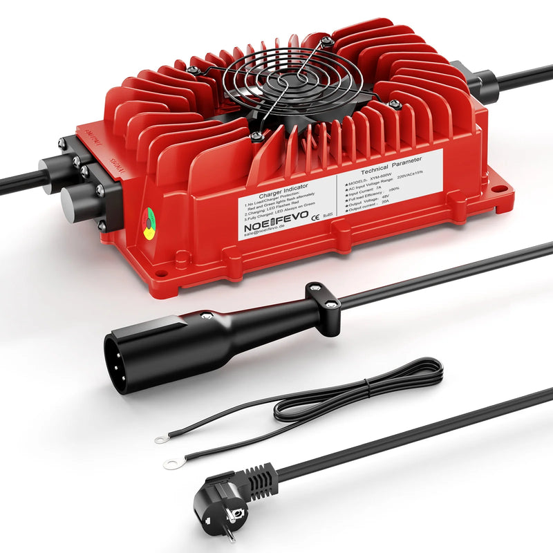 Chargeur de batterie au plomb 48 V – chargeur rouge avec connecteur rond, cordon secteur et câble