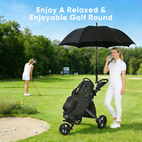 Chariot de golf pliable 3 roues – golfeuses sur le parcours avec le chariot et un parapluie