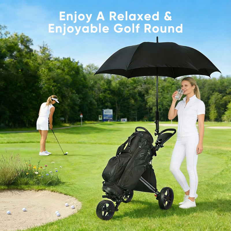 Chariot de golf pliable 3 roues – golfeuses sur le parcours avec le chariot et un parapluie