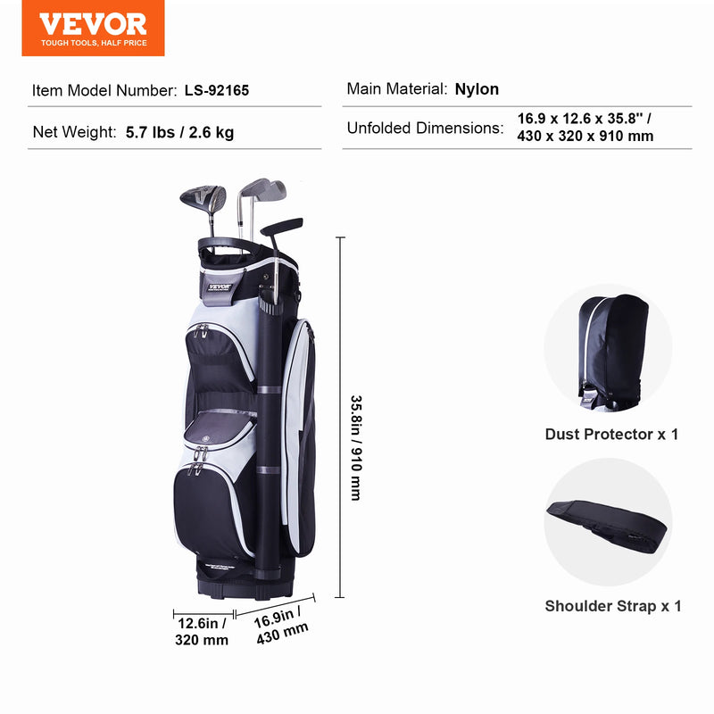 Sac de golf chariot – schéma des dimensions 43 x 32 x 91 cm avec bretelle et protection antipoussière