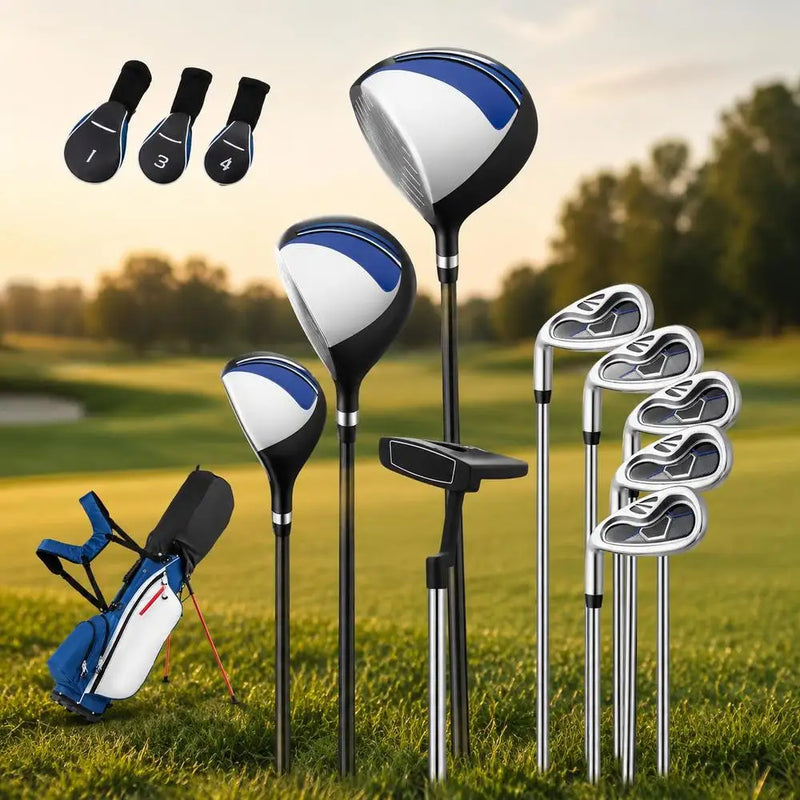 Set de golf complet gaucher 9 clubs avec sac trépied bleu et blanc