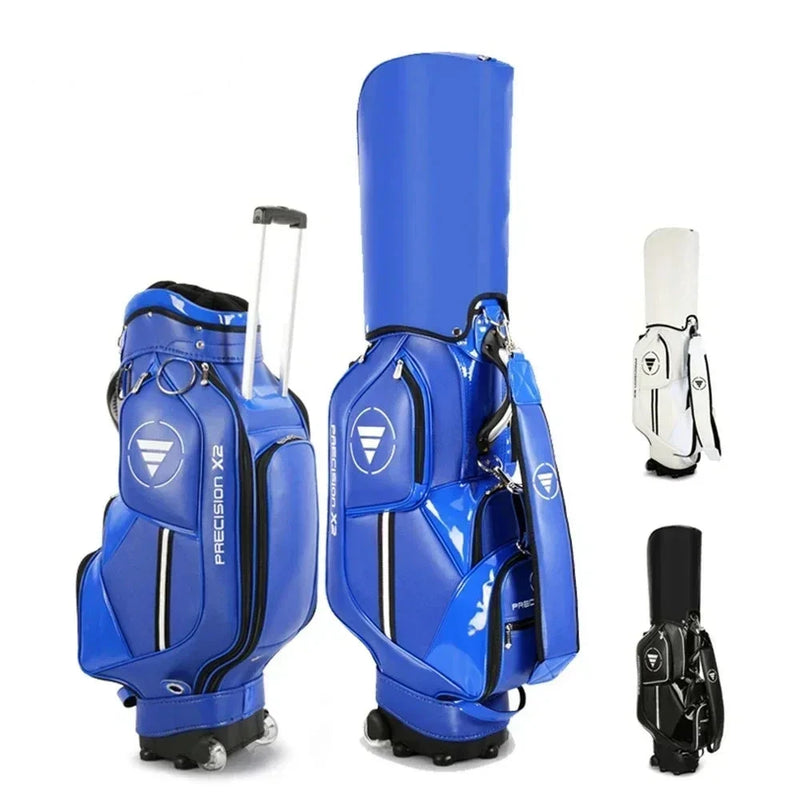 Sac de golf tour en cuir PU à roulettes – sac bleu à roulettes avec poignée télescopique, accompagné de deux petites vues des autres coloris