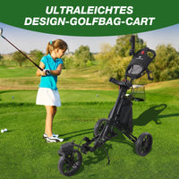 Chariot de golf pliable 3 roues – chariot sur le parcours avec une jeune joueuse