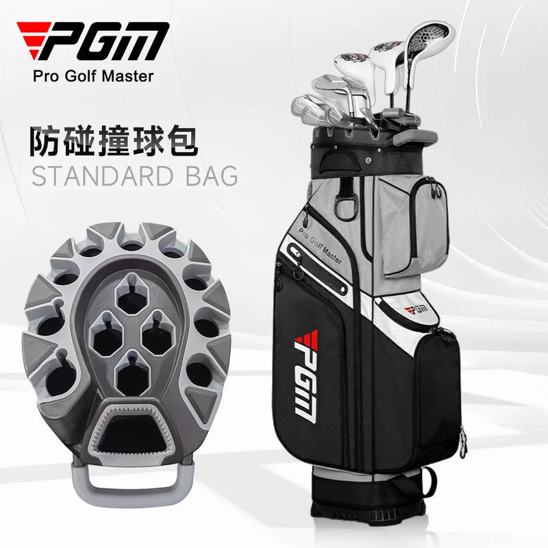 Sac de golf chariot noir et gris – haut du sac à 14 compartiments vu de dessus et sac avec ses clubs