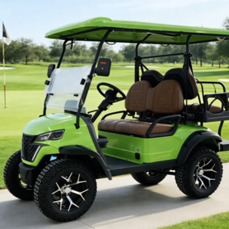 Buggy de golf électrique tout-terrain 2, 4 ou 6 places – vue avant en trois quarts, pneus tout-terrain et pare-brise