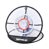 Filet de golf pliable avec cible de chipping – vue de face, cible rouge et filet noir et blanc