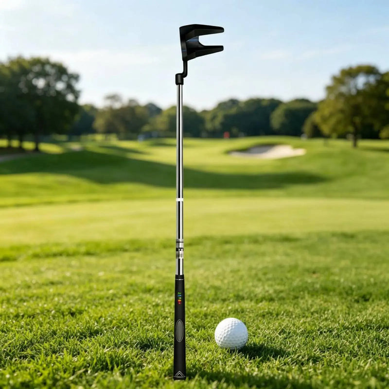 Putter avec ramasse-balle intégré – putter debout sur un fairway à côté d'une balle