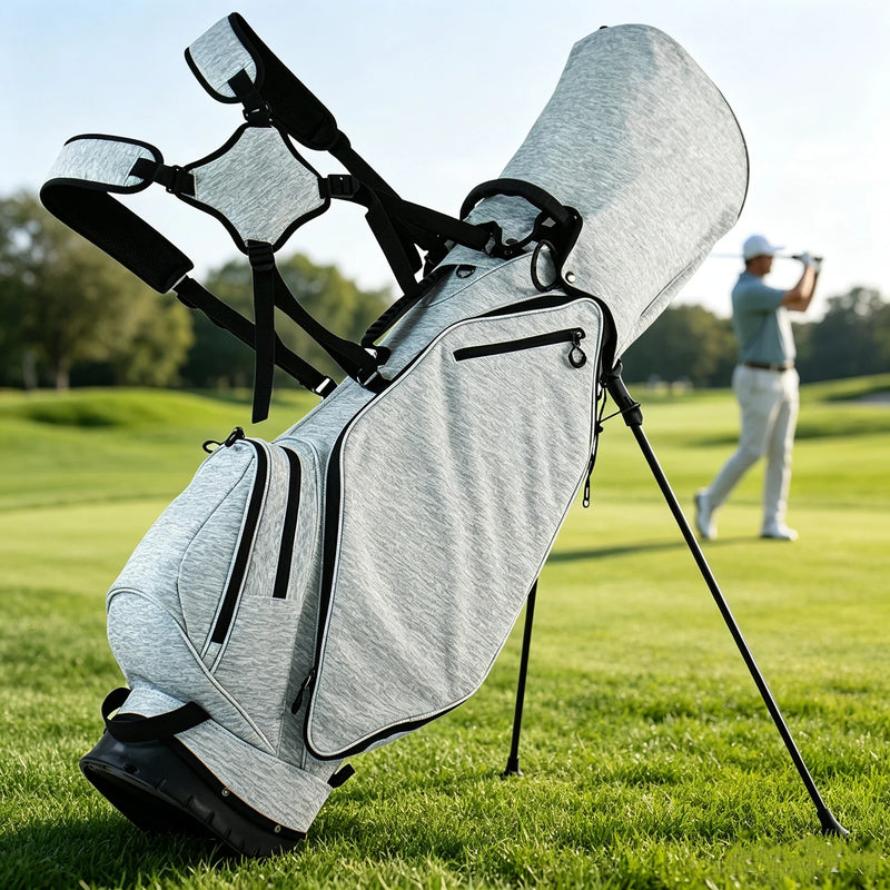 Sac de golf trépied ultraléger – sac gris clair chiné sur son trépied sur le parcours, golfeur en arrière-plan