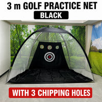 Filet de golf dôme 3 m – version noire avec trois trous de chipping dans une pièce