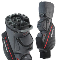 Sac de golf chariot noir et gris avec capot, vue du plateau et du côté