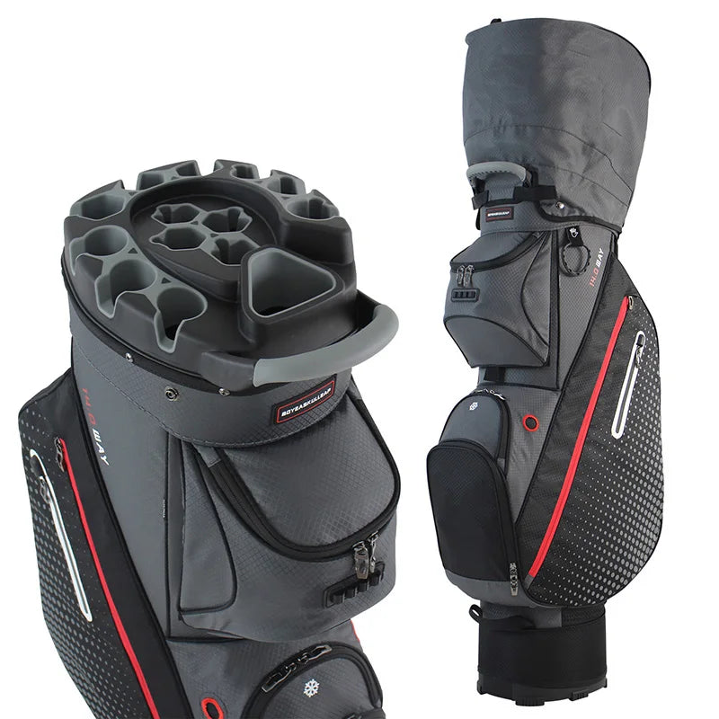 Sac de golf chariot noir et gris avec capot, vue du plateau et du côté