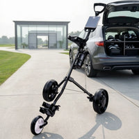 Chariot de golf manuel pliable à 3 roues avec porte-bouteille et porte-carte, cadre en fer noir