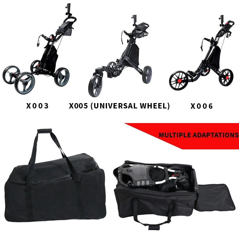 Housse de transport chariot de golf – trois modèles de chariots pliables à trois roues et housse ouverte avec chariot plié