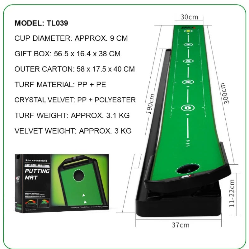 Tapis de putting intérieur 3 m – schéma des dimensions : 30 cm de large, 300 cm de long, base de 37 cm