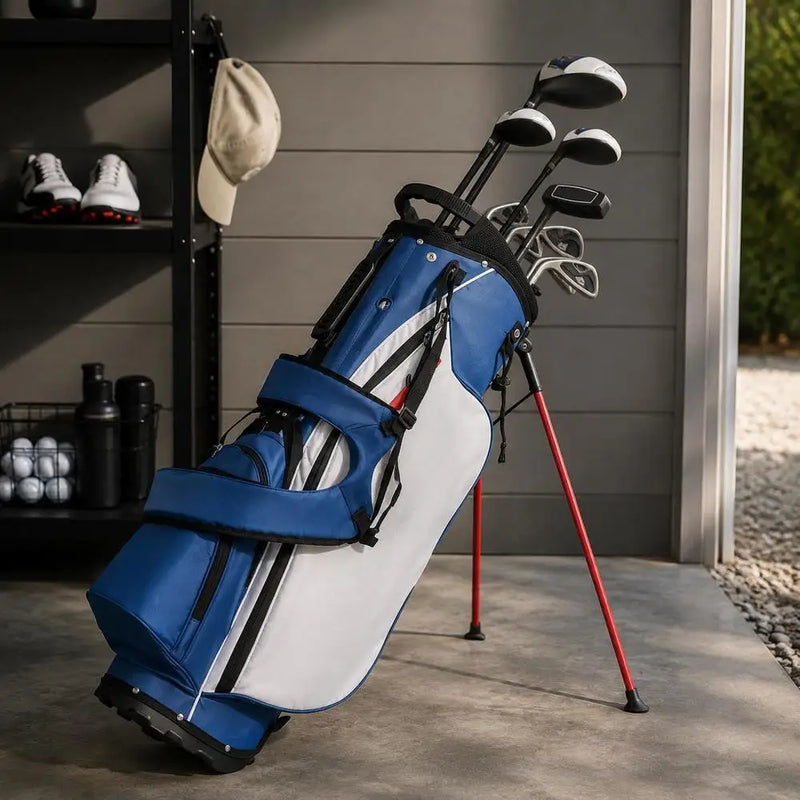 Set de golf complet gaucher – sac trépied bleu et blanc en situation