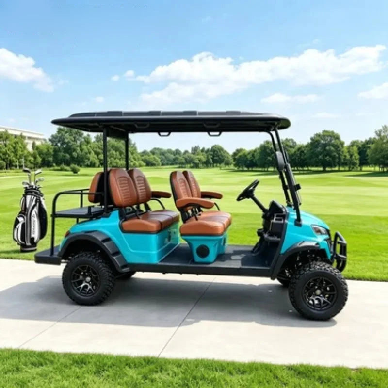 Voiturette de golf électrique surélevée 4 places – carrosserie turquoise et sièges brun cuivré vue de profil