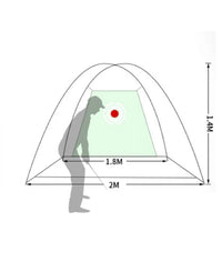 Filet de golf tente noire – schéma des dimensions : 2 m de large, 1,8 m d'ouverture, 1,4 m de haut