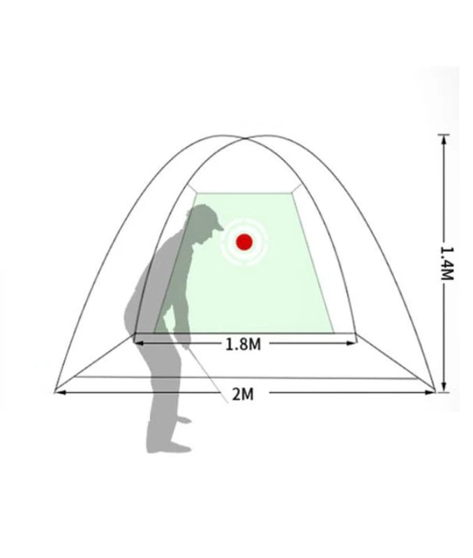 Filet de golf tente noire – schéma des dimensions : 2 m de large, 1,8 m d'ouverture, 1,4 m de haut