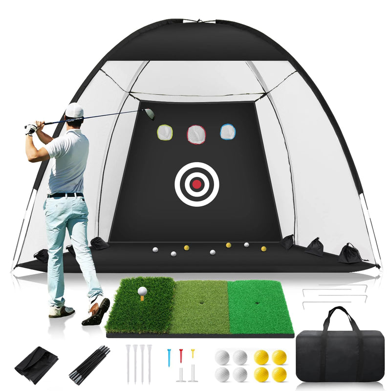 Filet de golf dôme – golfeur devant le filet avec le tapis, les tees, les balles et le sac