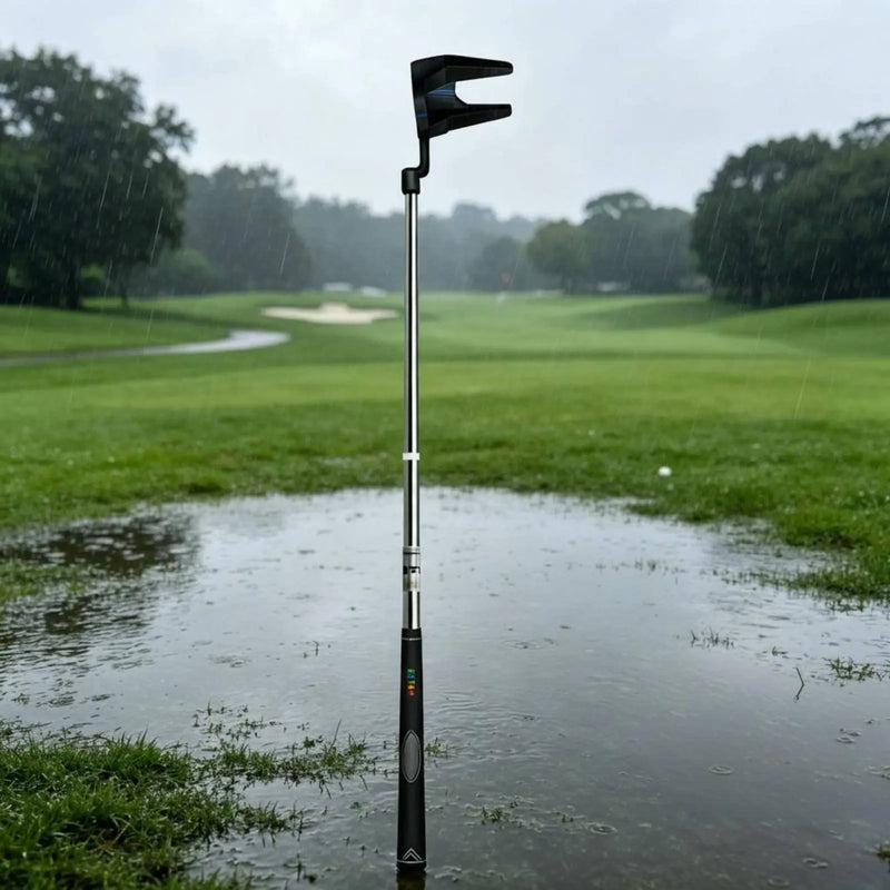 Putter avec ramasse-balle intégré – putter debout sur un parcours détrempé après la pluie