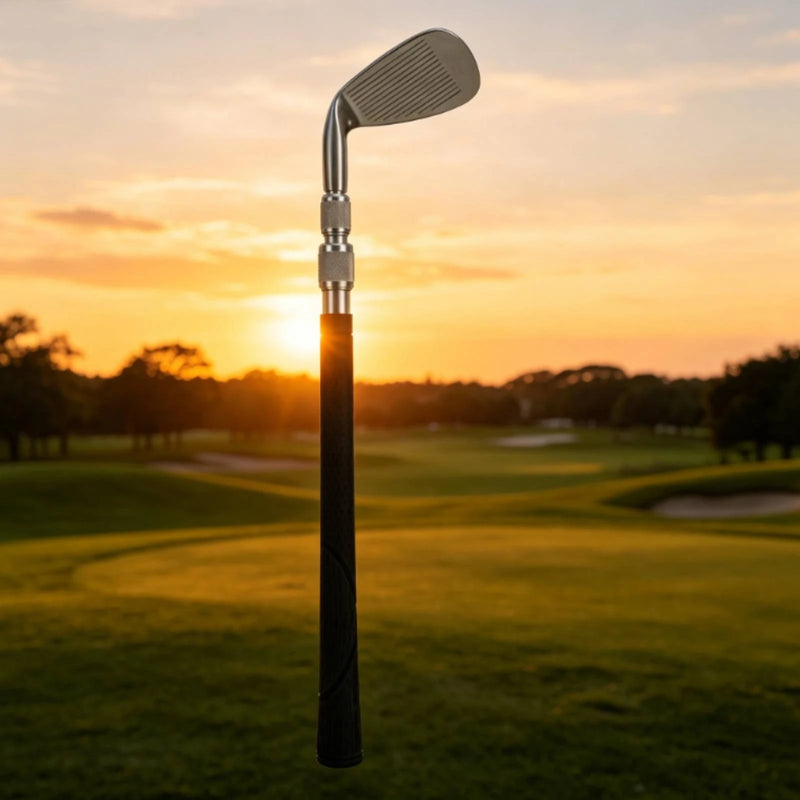 Chipper golf télescopique – tête et grip au coucher du soleil sur le parcours