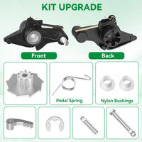 Kit de réparation de frein de stationnement – cliquet vu de face et de dos, engrenage, ressort de pédale et bagues en nylon