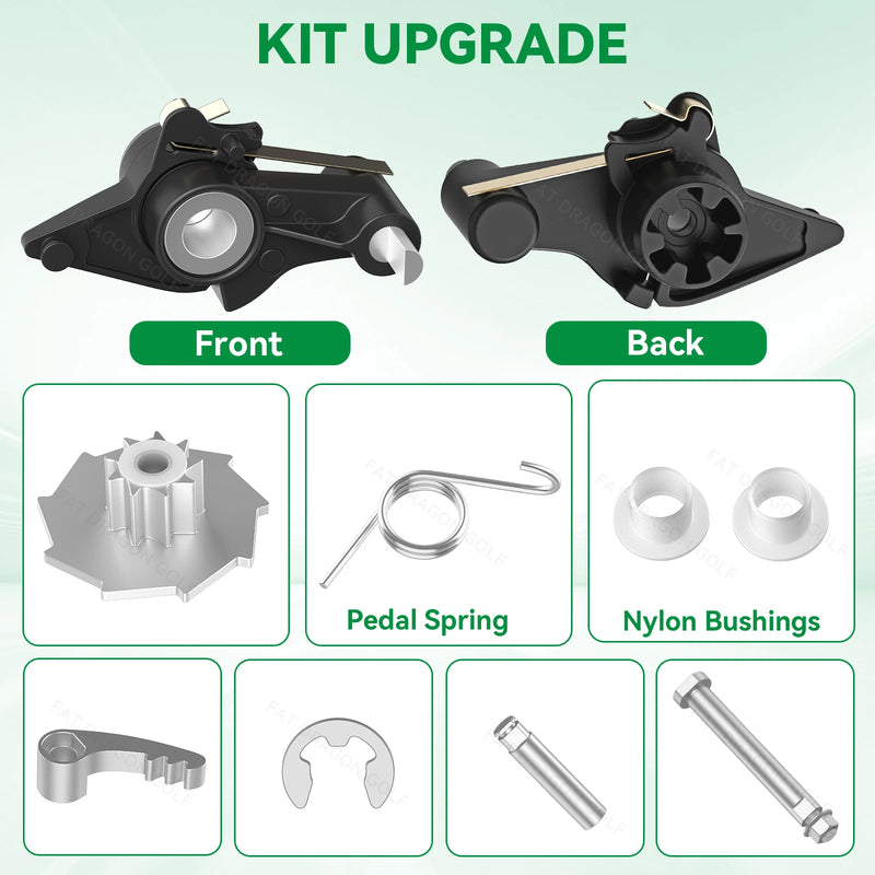 Kit de réparation de frein de stationnement – cliquet vu de face et de dos, engrenage, ressort de pédale et bagues en nylon