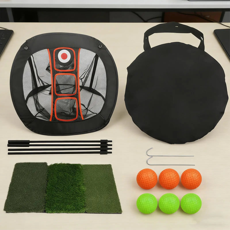 Filet de chipping golf carré – contenu de l'ensemble : filet, sac, supports, piquets, tapis tricolore et 6 balles